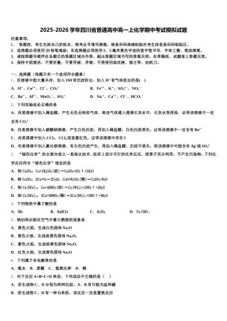 2025-2026学年四川省普通高中高一上化学期中考试模拟试题含解析