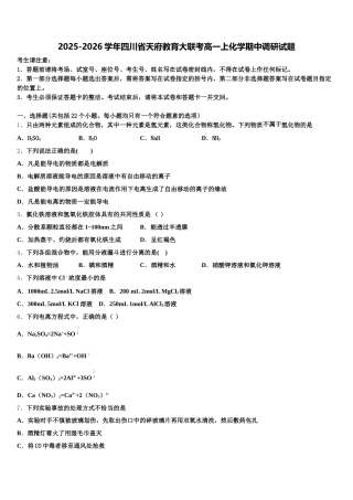 2025-2026学年四川省天府教育大联考高一上化学期中调研试题含解析