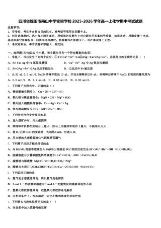 四川省绵阳市南山中学实验学校2025-2026学年高一上化学期中考试试题含解析