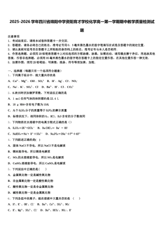 2025-2026学年四川省绵阳中学资阳育才学校化学高一第一学期期中教学质量检测试题含解析