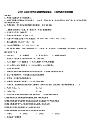 2025年四川省邻水实验学校化学高一上期中调研模拟试题含解析