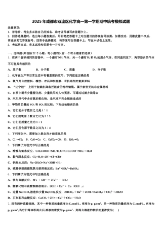 2025年成都市双流区化学高一第一学期期中统考模拟试题含解析
