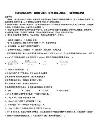 四川省成都七中万达学校2025-2026学年化学高一上期中经典试题含解析