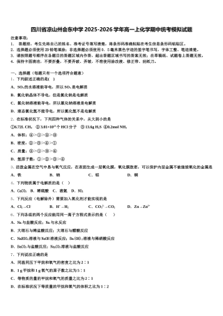 四川省凉山州会东中学2025-2026学年高一上化学期中统考模拟试题含解析