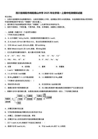 四川省绵阳市绵阳南山中学2025年化学高一上期中检测模拟试题含解析