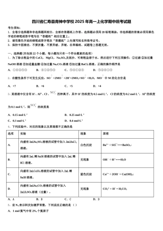 四川省仁寿县青神中学校2025年高一上化学期中统考试题含解析