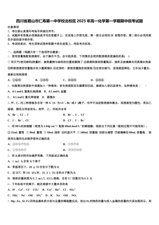 四川省眉山市仁寿第一中学校北校区2025年高一化学第一学期期中统考试题含解析