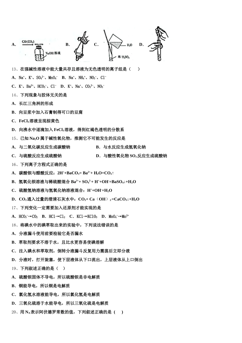 2025年江苏省海门市东洲国际学校化学高一第一学期期中质量跟踪监视试题含解析_第3页