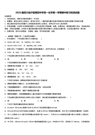2026届四川省泸县第四中学高一化学第一学期期中复习检测试题含解析