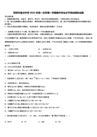 阿坝市重点中学2025年高一化学第一学期期中学业水平测试模拟试题含解析