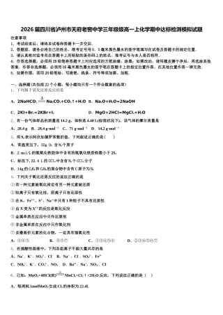 2026届四川省泸州市天府老窖中学三年级级高一上化学期中达标检测模拟试题含解析