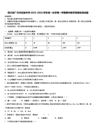四川省广元市实验中学2025-2026学年高一化学第一学期期中教学质量检测试题含解析