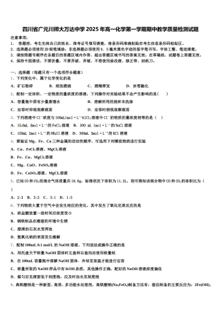 四川省广元川师大万达中学2025年高一化学第一学期期中教学质量检测试题含解析