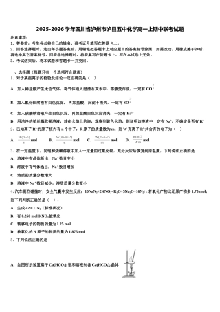 2025-2026学年四川省泸州市泸县五中化学高一上期中联考试题含解析