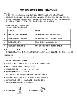 2025年四川省资阳市化学高一上期中考试试题含解析