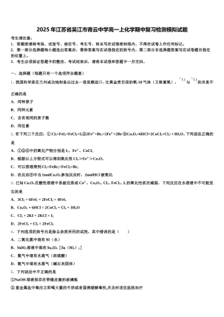 2025年江苏省吴江市青云中学高一上化学期中复习检测模拟试题含解析