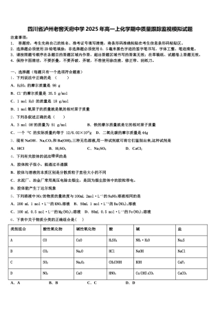 四川省泸州老窖天府中学2025年高一上化学期中质量跟踪监视模拟试题含解析