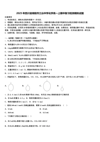 2025年四川省绵阳巿三台中学化学高一上期中复习检测模拟试题含解析