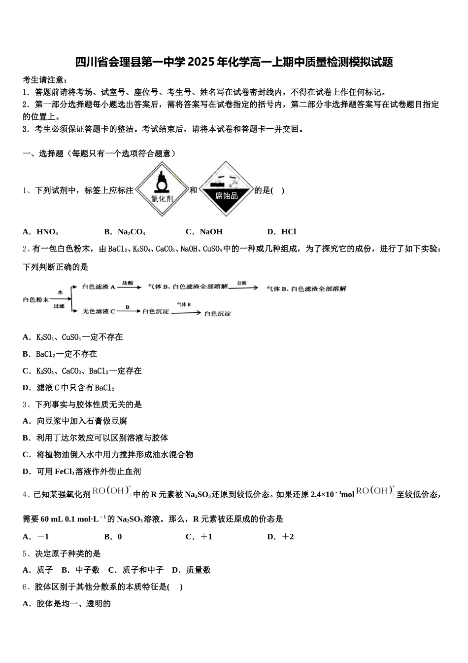 四川省会理县第一中学2025年化学高一上期中质量检测模拟试题含解析_第1页