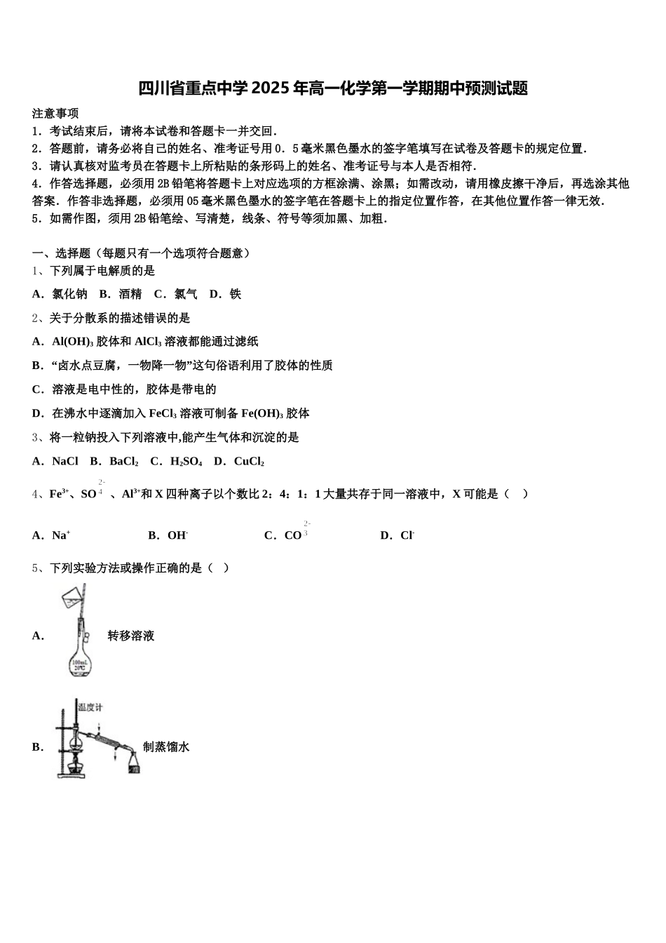 四川省重点中学2025年高一化学第一学期期中预测试题含解析_第1页