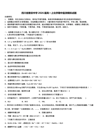 四川省雅安中学2026届高一上化学期中监测模拟试题含解析