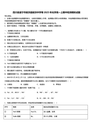 四川省遂宁市射洪县射洪中学等2025年化学高一上期中检测模拟试题含解析