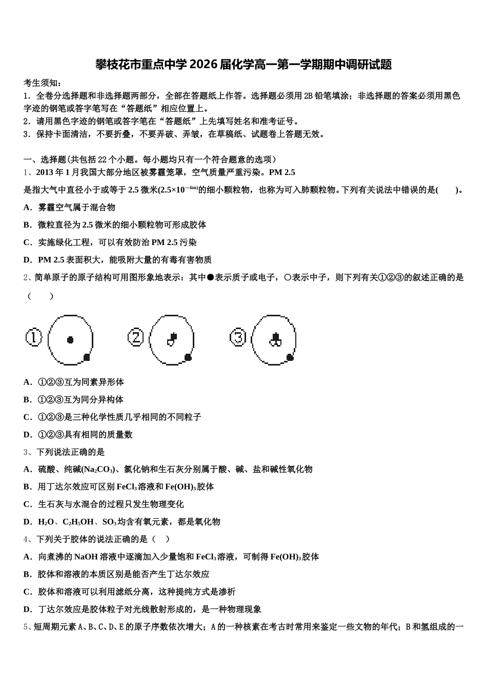 攀枝花市重点中学2026届化学高一第一学期期中调研试题含解析_第1页