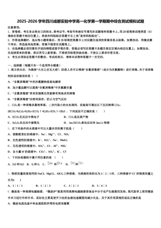 2025-2026学年四川成都实验中学高一化学第一学期期中综合测试模拟试题含解析