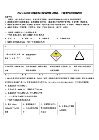 2025年四川省成都市田家炳中学化学高一上期中检测模拟试题含解析