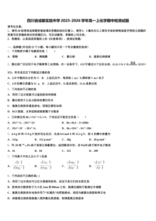 四川省成都实验中学2025-2026学年高一上化学期中检测试题含解析