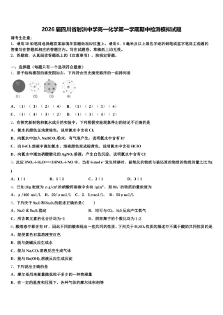 2026届四川省射洪中学高一化学第一学期期中检测模拟试题含解析