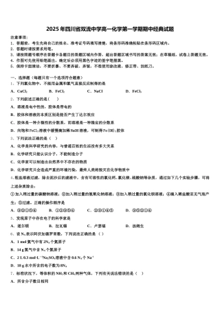 2025年四川省双流中学高一化学第一学期期中经典试题含解析