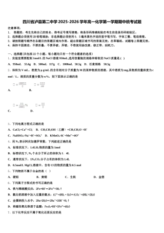 四川省泸县第二中学2025-2026学年高一化学第一学期期中统考试题含解析