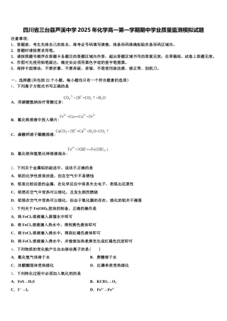 四川省三台县芦溪中学2025年化学高一第一学期期中学业质量监测模拟试题含解析