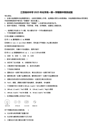 江苏扬州中学2025年化学高一第一学期期中预测试题含解析