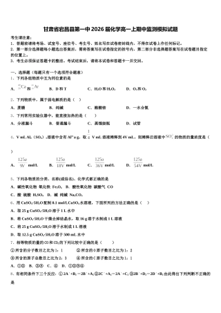 甘肃省宕昌县第一中2026届化学高一上期中监测模拟试题含解析