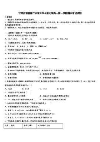 甘肃省徽县第二中学2026届化学高一第一学期期中考试试题含解析