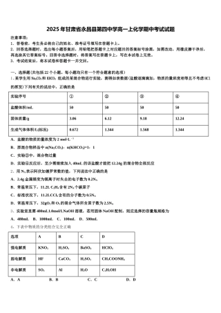 2025年甘肃省永昌县第四中学高一上化学期中考试试题含解析