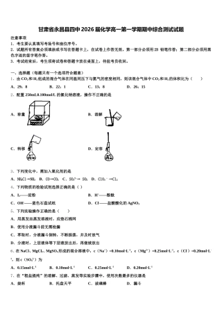 甘肃省永昌县四中2026届化学高一第一学期期中综合测试试题含解析