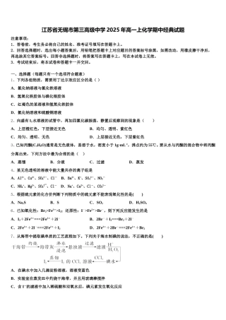 江苏省无锡市第三高级中学2025年高一上化学期中经典试题含解析