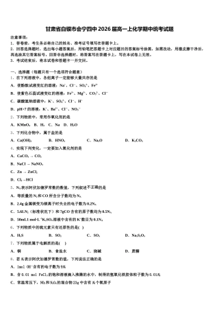 甘肃省白银市会宁四中2026届高一上化学期中统考试题含解析