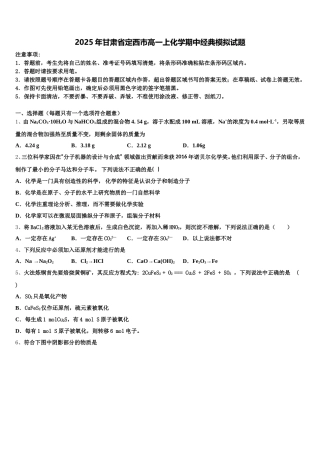 2025年甘肃省定西市高一上化学期中经典模拟试题含解析
