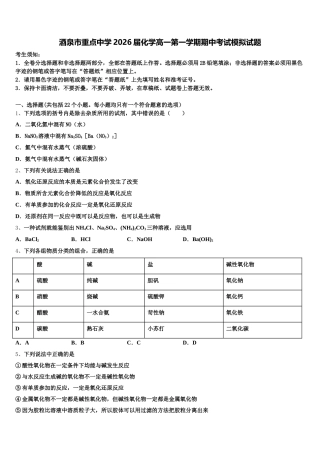 酒泉市重点中学2026届化学高一第一学期期中考试模拟试题含解析