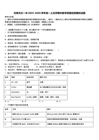 甘肃天水一中2025-2026学年高一上化学期中教学质量检测模拟试题含解析