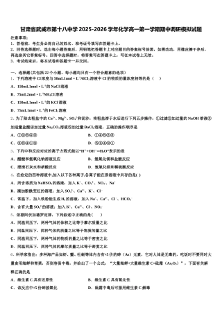 甘肃省武威市第十八中学2025-2026学年化学高一第一学期期中调研模拟试题含解析