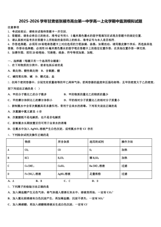 2025-2026学年甘肃省张掖市高台第一中学高一上化学期中监测模拟试题含解析
