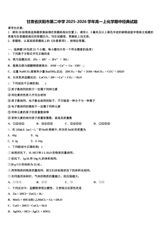 甘肃省庆阳市第二中学2025-2026学年高一上化学期中经典试题含解析