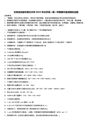 甘肃省武威市第五中学2025年化学高一第一学期期中监测模拟试题含解析