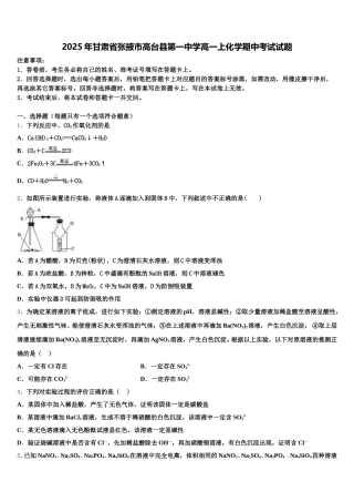 2025年甘肃省张掖市高台县第一中学高一上化学期中考试试题含解析