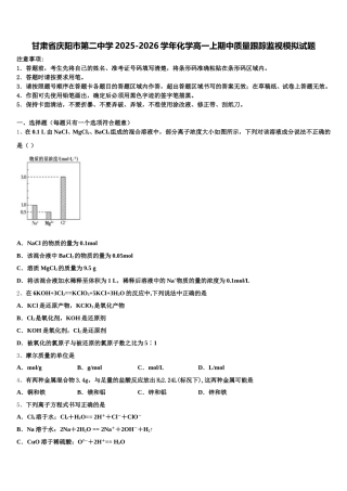 甘肃省庆阳市第二中学2025-2026学年化学高一上期中质量跟踪监视模拟试题含解析